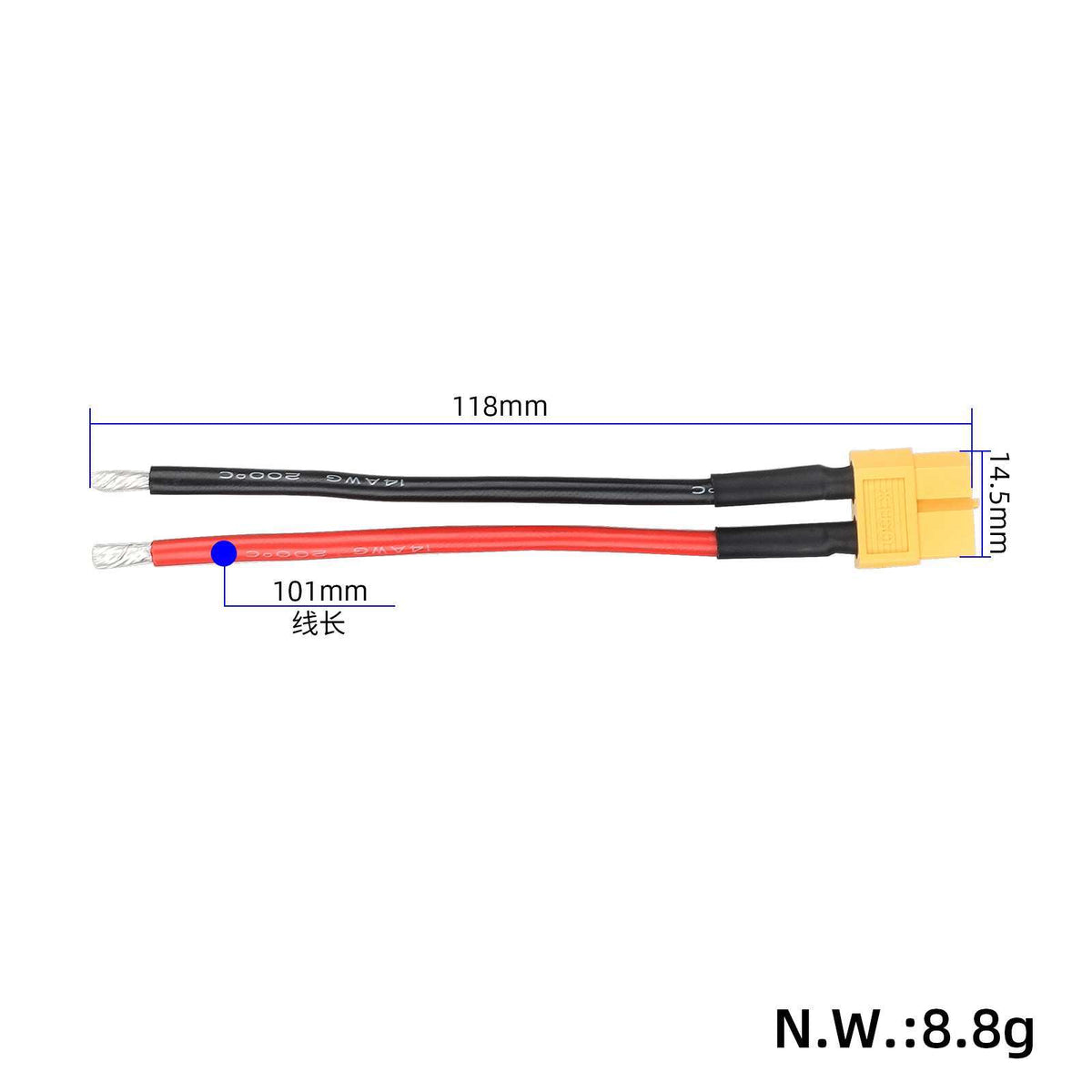 XT60 Jungtis Kištukas su 10cm Kabeliu (14 AWG)